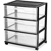 HOMZ Drawer Tower, 3-Tier Storage Cart with Removable Wheels, Black Frame | Wide Plastic Organizer with Clear Bin Drawers for Bedroom, Bathroom, Home Office, and Dorm Rooms