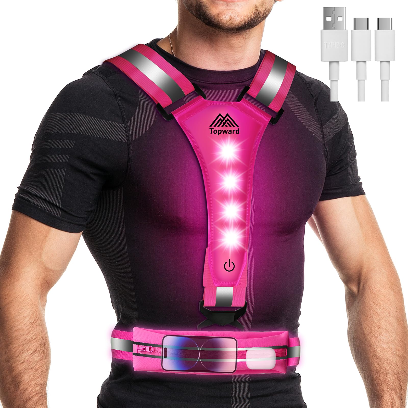 Topward LED Reflective Vest - Running Phone Holder Vest for Runners, USB-C Rechargeable, Lights for Night Dog Walking Cycling, High Visibility Safety Gear with Adjustable Waist/Shoulder