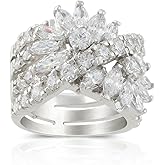 JanKuo Jewelry Rhodium Plated Marquise Cubic Zirconia Floral Cocktail Wide Band Ring