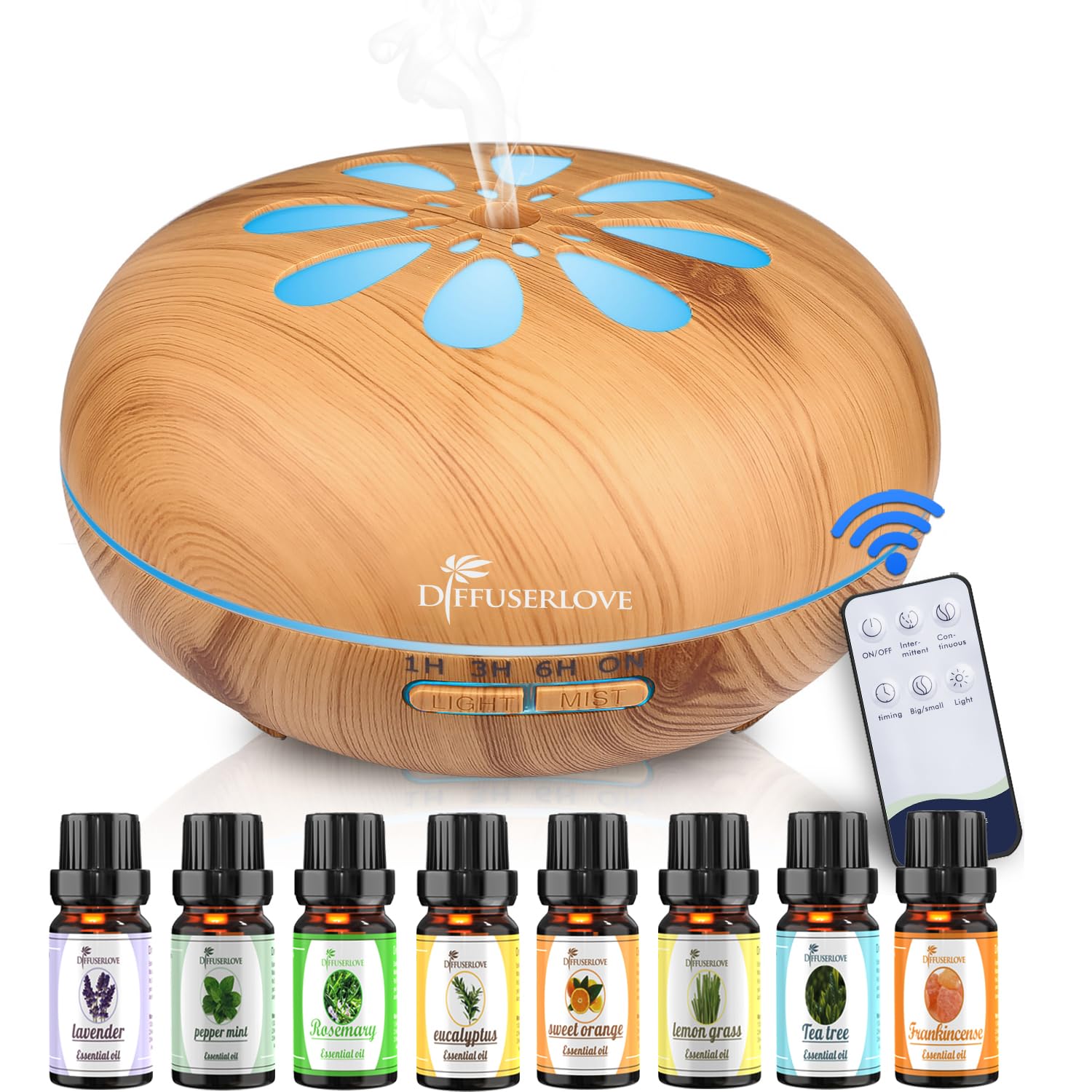 Diffuserlove 550ML Essential Oil Diffuser Humidifiers Wood Grain Cool Mist Humidifiers Ultrasonic Remote Control Aroma Diffusers for Home Bedroom Yoga Office Spa
