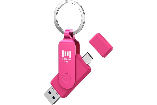MOSDART 64GB USB C and A 3.2 150MB/s Dual Flash Drive with Keychain, Pink | Fits Android Phones, iPhone 15, 16, 17, Macbook, iPad, For Photos and Videos, USB-C Port Protection, Phone Case Friendly