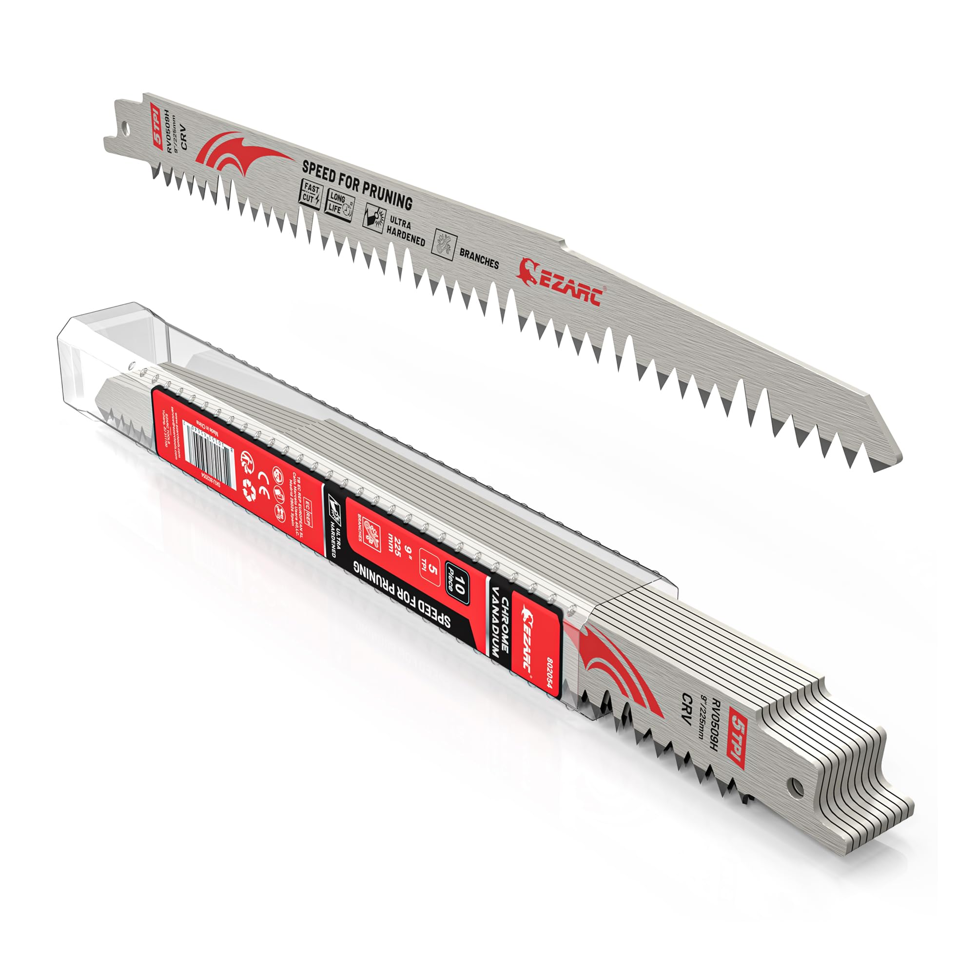 EZARC Reciprocating Saw Blade 225mm for Wood Pruning, Fleam Ground Teeth for Tree Trimming, Wet Wood Cutting, 10 Pieces