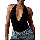 Milumia Women's Deep V Neck Halter Bodysuit Sleeveless Open Back Going Out Party Leotard