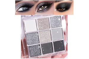 evpct 9 Colors Silver Gray Glitter Eyeshadow Palette, Black Smokey Grey and Silver White Sparkle Glitter Shimmer Shiny Eye Shadow Palette Makeup kit for older Women, High Pigment Waterproof eyeshadow