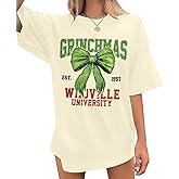 Merry Christmas Oversized Shirts Women Ugly Christmas T Shirts Xmas Bow Graphic Holiday Short Sleeve Tops