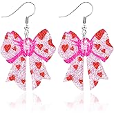 Ronglry Valentines Bow Earrings for Women Acrylic Glitter Pink Valentine’s Day Earrings for Women Valentines Outfits Accessories Gifts