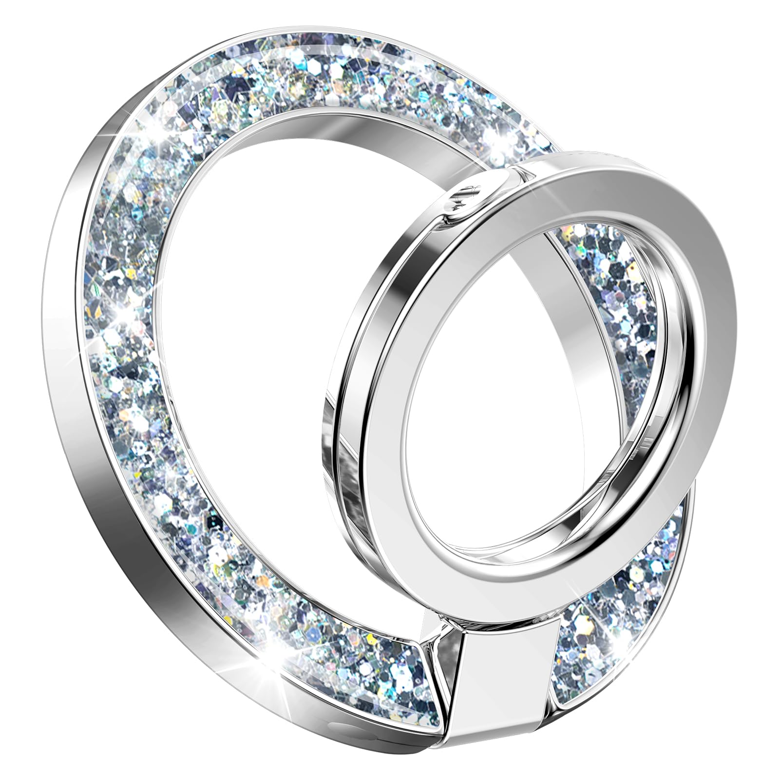 GVIEWIN Magnetic Phone Ring Holder, Compatible with MagSafe Phone Grip with Adjustable Stand, Magnet Phone Ring Kickstand for iPhone 17 Pro Max/16/15/14/13/12 Series/Other Smartphones, Glitter/Silver