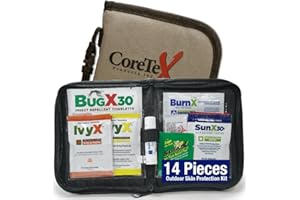 CoreTex 14-Piece Outdoor Skin Protection Kit – Includes Sunscreen, Insect Repellent, Poisonous Plant Solutions, Burn Gel Packets, Itch Relief Gel, Sting Relief Wipe, Hand Sanitizer & Nylon Zipper Case
