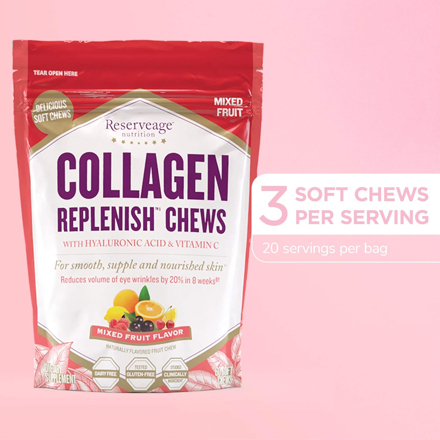 Reserveage, Collagen Replenish Chews, Skin and Nail Supplement, Supports Collagen and Elastin Production, Gluten Free, 60 soft chews (30 servings): Health & Personal Care