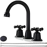 RKF Bathroom Faucets for Sink 3 Hole Matt Black 8 inch Widespread Bathroom Sink Faucet with Drain 2 Handles Cross Knobs Faucet Vanity Faucet Basin Mixer Tap with Hose & Deck CWF039-MB