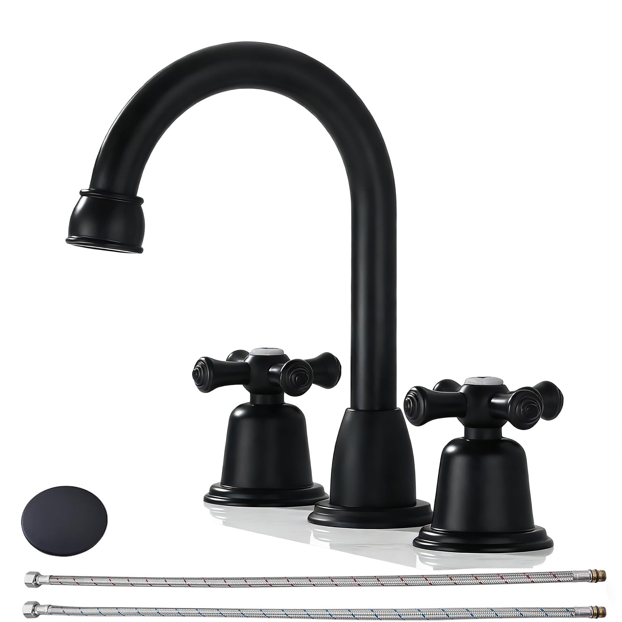 Photo 1 of RKF Bathroom Faucets for Sink 3 Hole Matt Black 8 inch Widespread Bathroom Sink Faucet with Drain 2 Handles Cross Knobs Faucet Vanity Faucet Basin Mixer Tap with Hose & Deck CWF039-MB