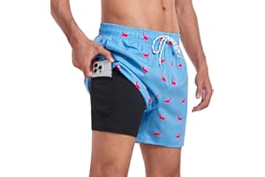 Narecte Mens Swim Trunks 5" with Compression Liner Quick Dry Board Shorts Men's Swimming Trunks with Zipper Pocket