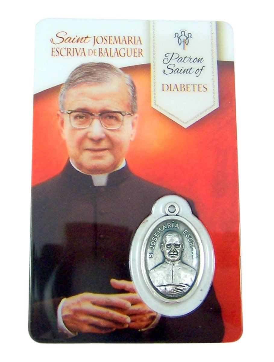 Silver Toned Saint Josemaria Escriva De Balaguer Patron of Diabetes Medal with Holy Card, 1 Inch
