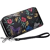 Aslana Genuine Leather Double Zipped Wallet Wristlet for Women, RFID Blocking Double Zipped Floral Hand Painted Embossed Large Capacity Clutch Purse (Double Zipped - Dragonfly)