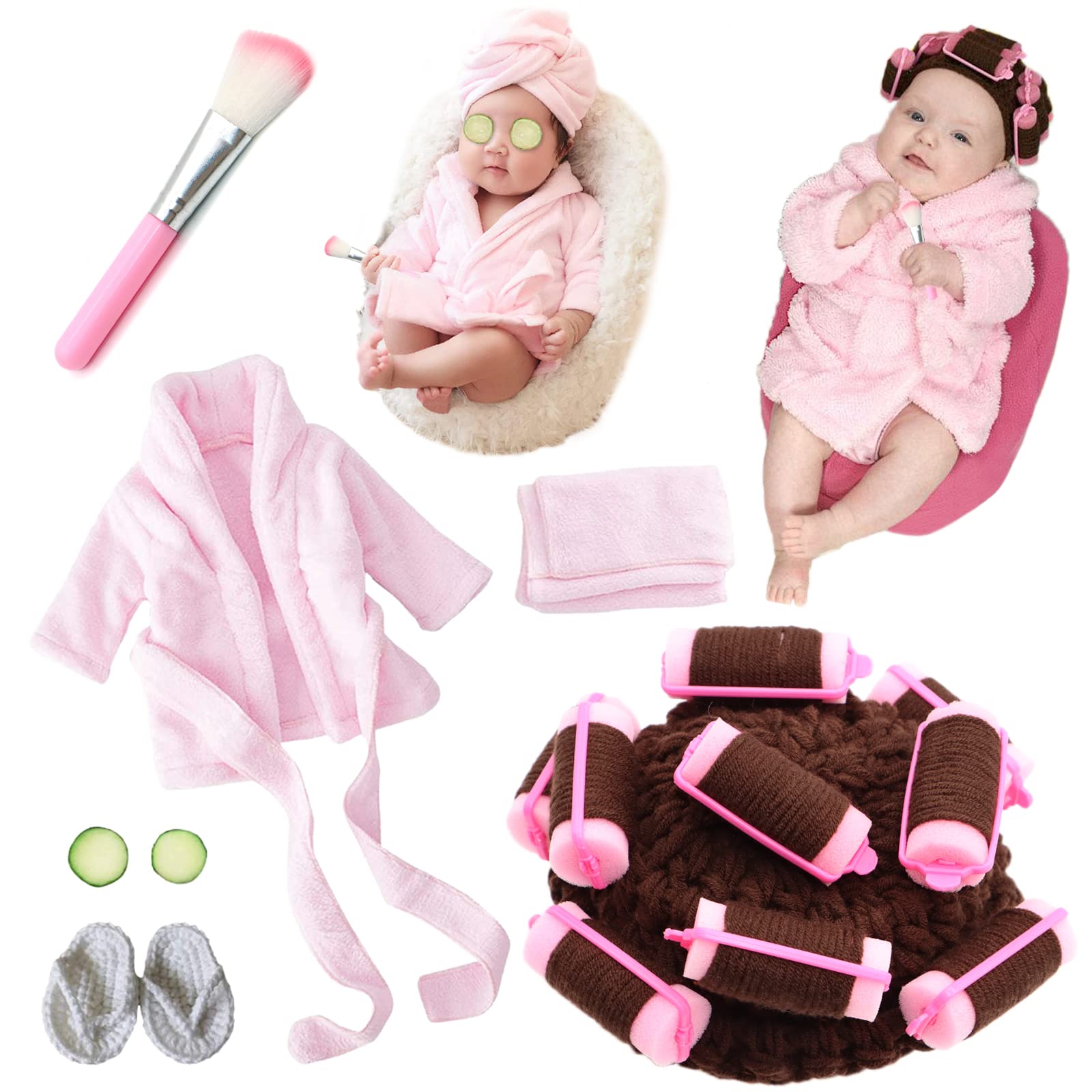 Photo 1 of SPOKKI Newborn Photography Props 7 PCS Newborn Girl Photoshoot Outfits Babies Robe Props with Bath Towel Slippers Cucumber Curler Hat Makeup Brush for Infant Boys Girls