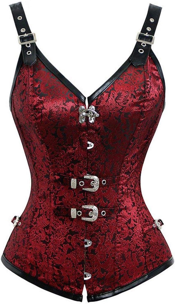 CHRISTY M Corset Steampunk Corsage Bodice Steel Boned Brocade Corsets and Bustiers Black Red