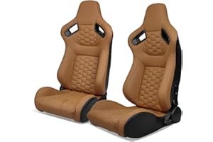 IKON MOTORSPORTS, Universal Racing Seats with Dual Sliders, Reclinable Brown PU + Carbon Leather with Hexagonal Quilting Sport Bucket Seats, 1 Pair Driver + Passenger Side