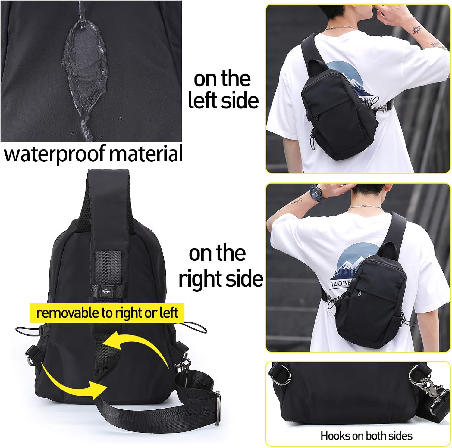 Small Black One Strap Backpack Sling Bag Crossbody Backpack for Men Women, Lightweight Waterproof Sling Backpack Shoulder Bag for Hiking Walking Biking Travel Cycling USB Charger Port-Nylon: Clothing