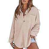 Poetsky Womens Waffle Knit Tops 2026 Oversized Long Sleeve Henley Shirts Fall Casual V Neck Loose Fit Tunic Blouse