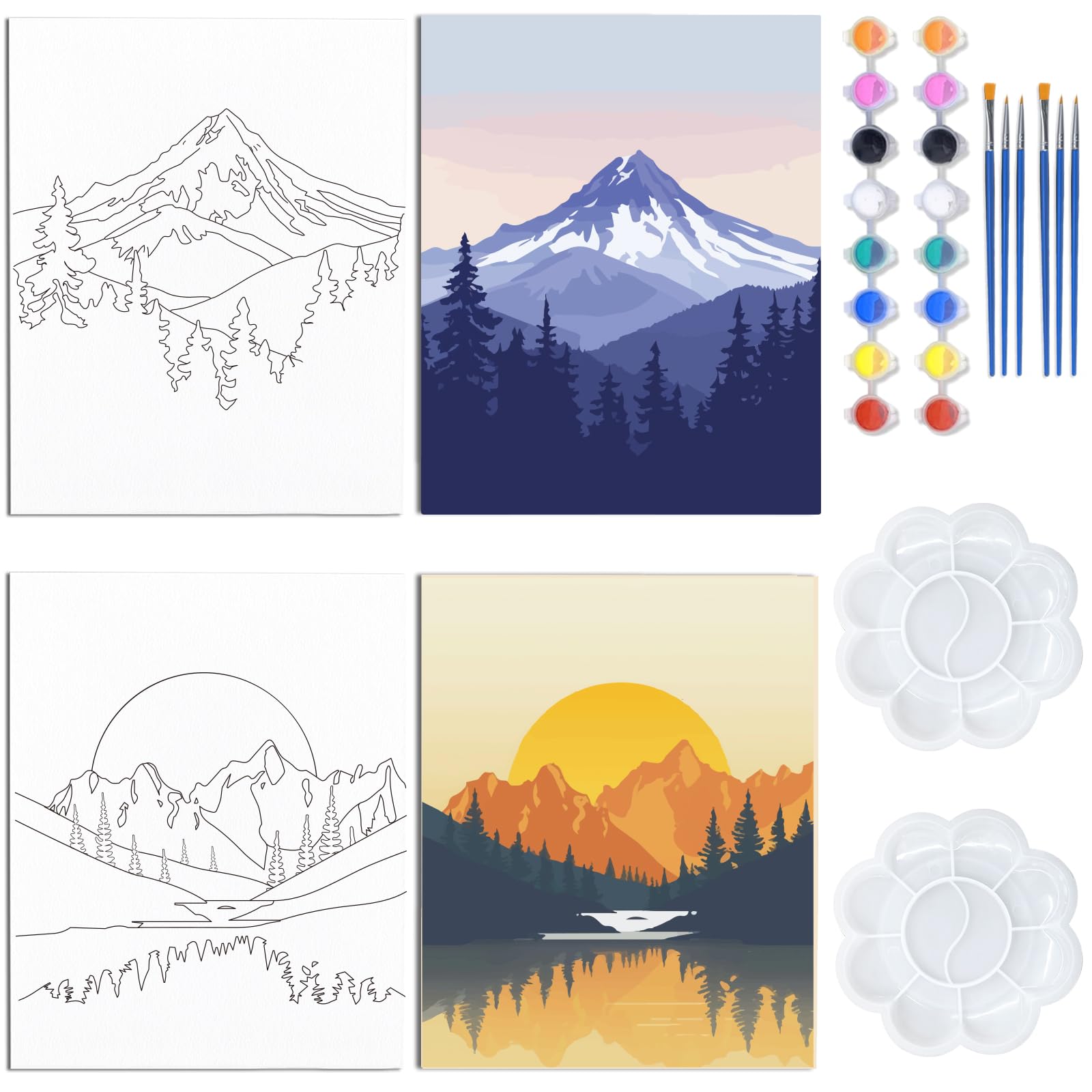 WEBEEDY 2 Pack Pre Drawn Stretched Canvas Kit Canvas Painting Pre Printed Canvas 20x25cm/8x10 Inch Pre Drawn Canvas for Painting for Adults Outline Canvas for Adult DIY Painting Mountain Landscape