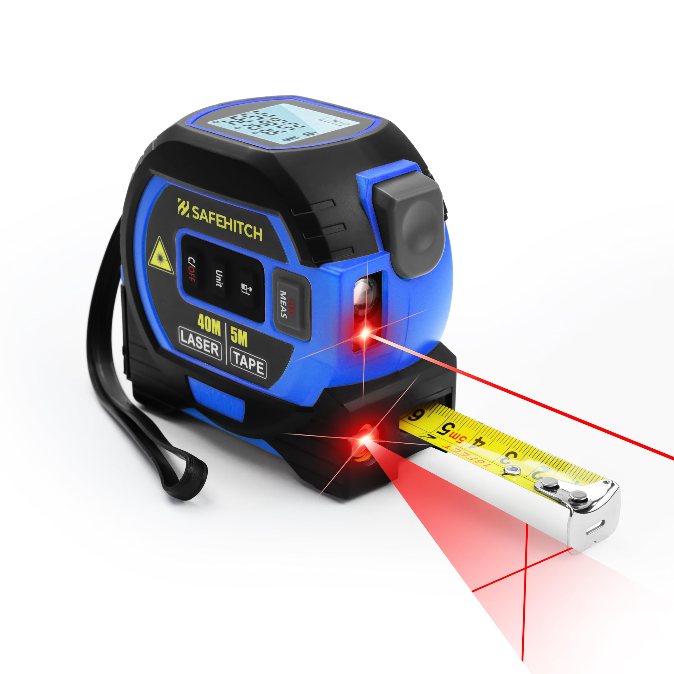 SAFEHITCH - 3 in One Tape Measure - Laser Measure - Vertical Cross Line - Digital Laser Distance Meters - LCD Display - 40M Laser Measure - 5M Tape Measure Blue Version (Laser Tape Measure Blue)