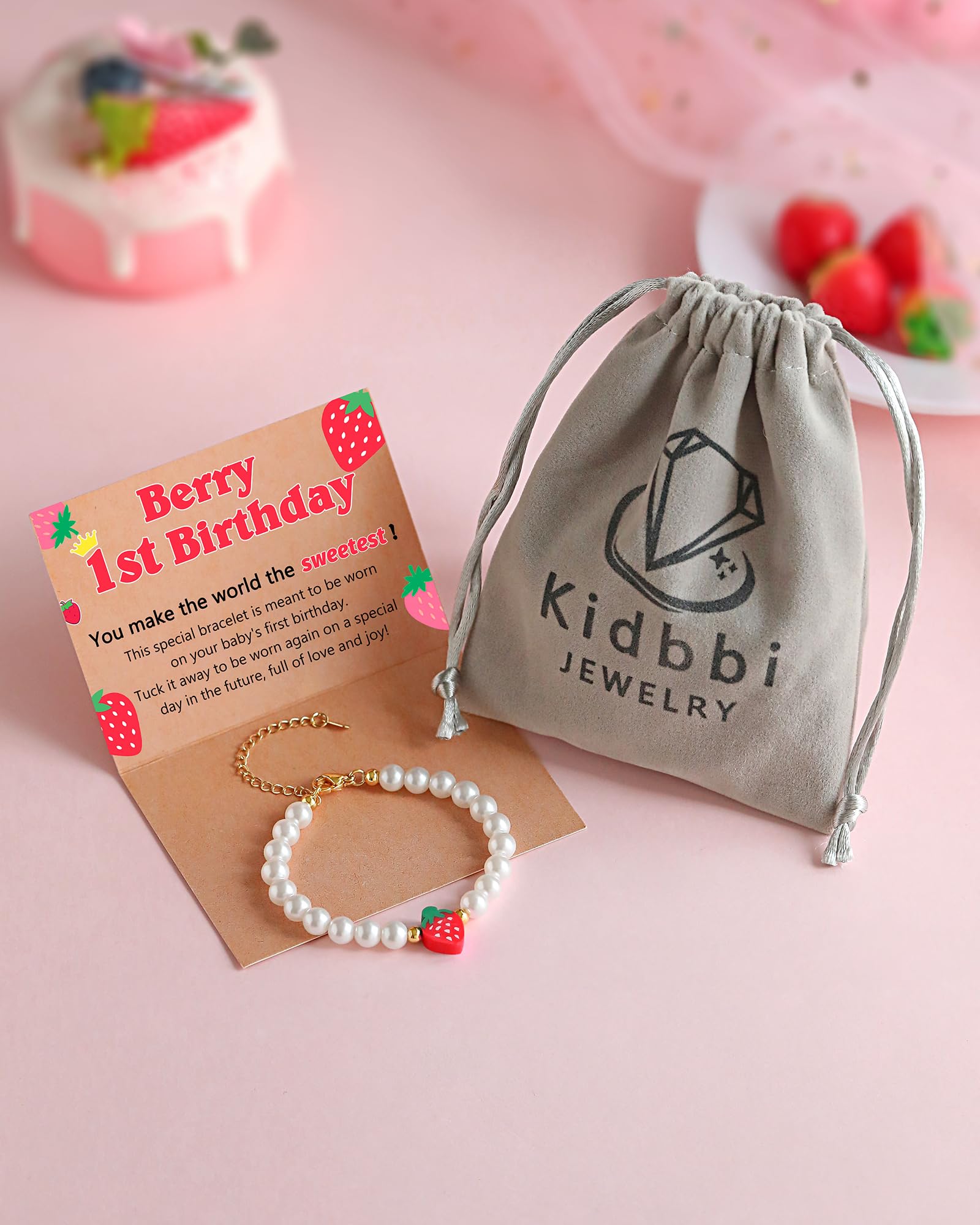 Berry First Birthday Gifts, Adjustable Strawberry Pearls Bracelet for Daughter Niece Granddaughter