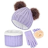 Kids Winter Beanie Scarf Gloves Set - Thermal Fleece Lined Knit Hat, Soft Neck Warmer & Mittens for Girls & Boys 1-10 Years