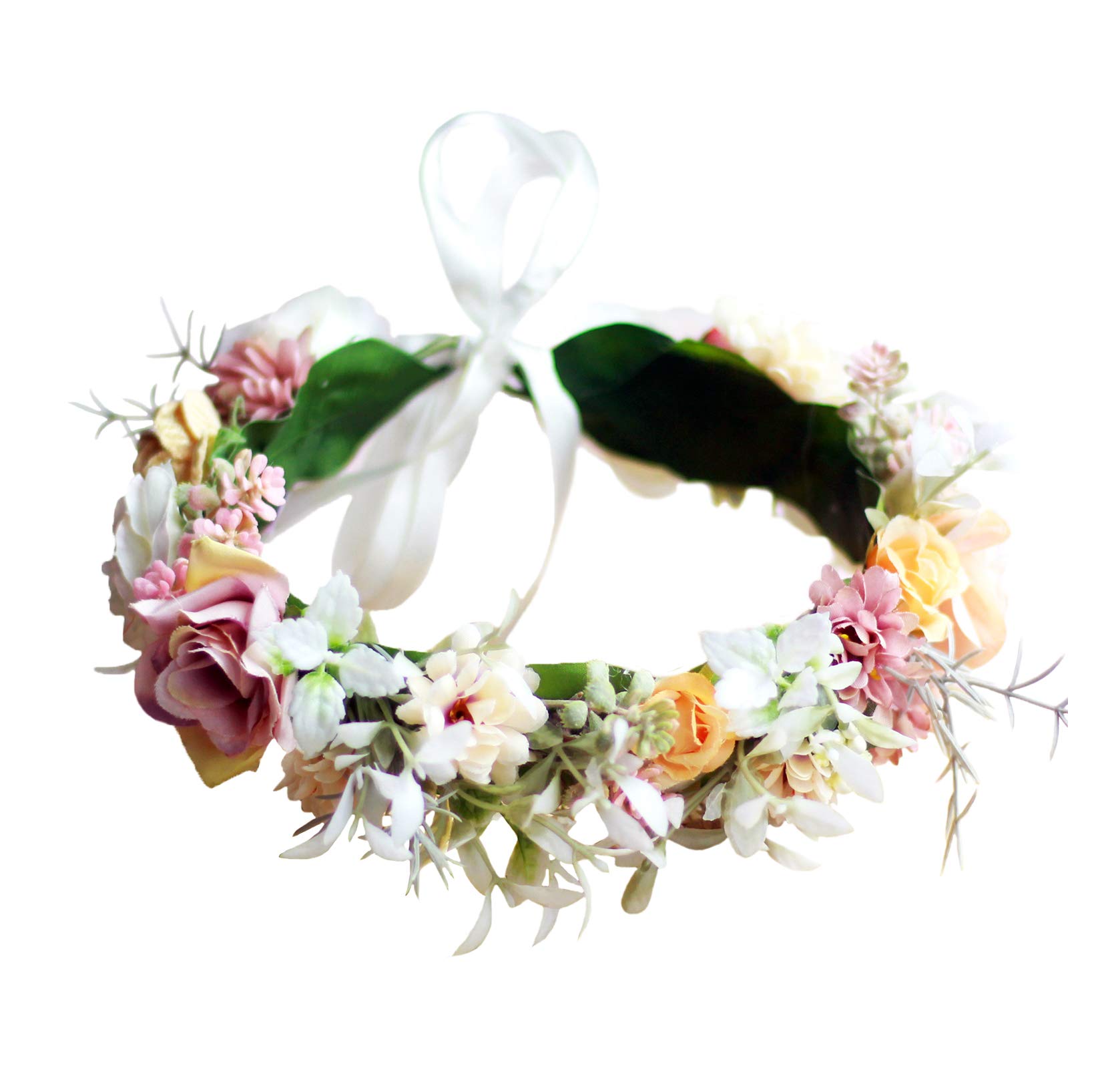 Brikuinr Floral Headband Garland Flower Wreath Crown Hair Wreath Hair Garland Flower Halo Floral Headpiece Boho with Ribbon Wedding Party Festival