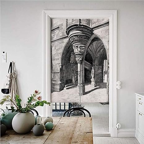 Amazon ゴシック様式 のれん おしゃれ 目隠し 85 1 パリの文化遺産のビンテージアート 暖簾 ロング 目隠し 部屋間仕切り リビング カーテン ブラックホワイトのアンティーク中世ヨーロッパのアーチの古いスケッチ のれん オンライン通販