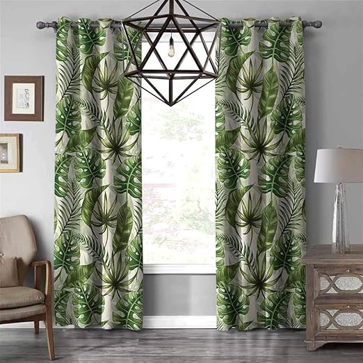 Blackout Curtains, TropicalRainforest Island Jungle Foliage Pattern Green Leaves Retro Nature