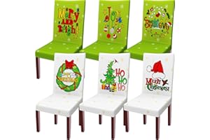 FuWeave Green Christmas Chair Covers Set of 6 – Washable Stretchable Slipcovers with Christmas Tree, Wreath & Santa Hat for Holiday Dining, Hotel & Party Decor
