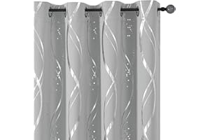 BUHUA Blackout Curtains 63 inch Length 2 Panels Set - Energy Efficient and Noise Reducing Curtains for Bedroom with Wave Striped Foil Print (52 x 63, Silver Grey)