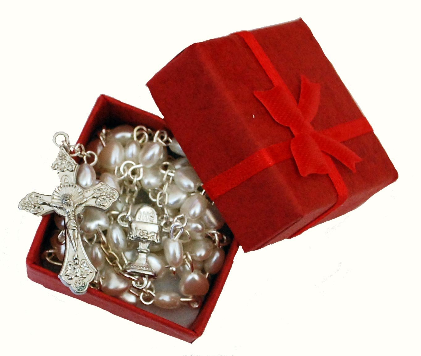 Beautiful White Heart Rosary Beads In Red Gift Box - Perfect Valentines Gift Rosary, Baptism, Wedding, Engagement, Memorial, Anniversary, Baby Shower, 1st Xmas Girls or Boys Gift. Ideal for Valentine Day or as a First Christmas Keepsake Present