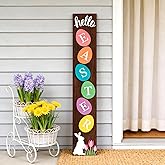 Happy Easter Porch Sign: 47" Wood Framed Bunny Rabbit Flower Decorations Easter Welcome Sign for Front Door, Rustic Farmhouse Hanging Standing Porch Leaner Yard Signs Decor for Garden Home