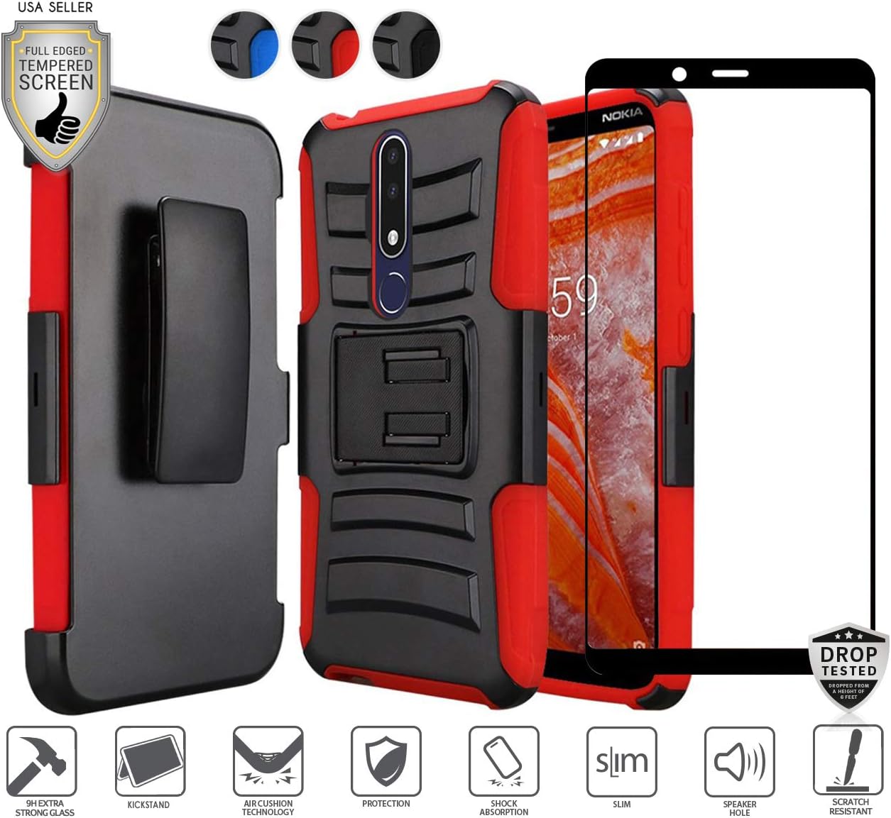 Compatible for Nokia 3.1 Plus Case with Full Edged Tempered Glass Screen Protector, Premium Holster Combo Case [Clip] with Stand [Shockproof] [Armor] [Rugged] Case (Red)
