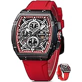 OLEVS Mens Watches Luxury,Silicon Strap Watches for Men,Chronograph Waterproof Business Large Face Tonneau Quartz Fashion Men’s Wrist Watch Dress Relojes para Hombres(Red/Yellow/Black/White Strap)
