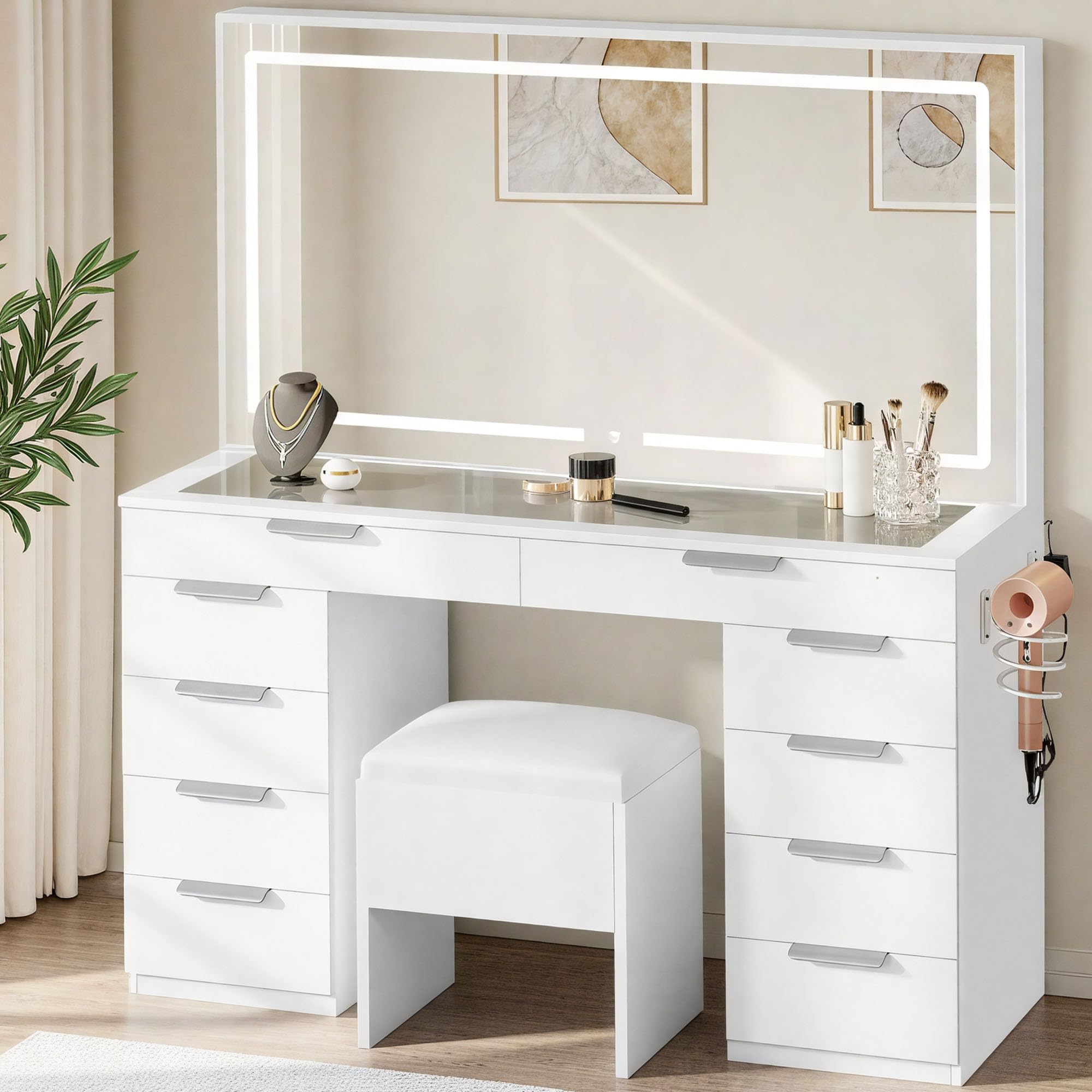 Photo 1 of *PARTIAL SET*
DWVO Vanity Desk Set with Mirror & Power Outlets, Vanity Table with 3 Dimmable Light Colors, 10 Drawers, Hair Dryer Rack – Modern Makeup Table with Hidden Storage Stool