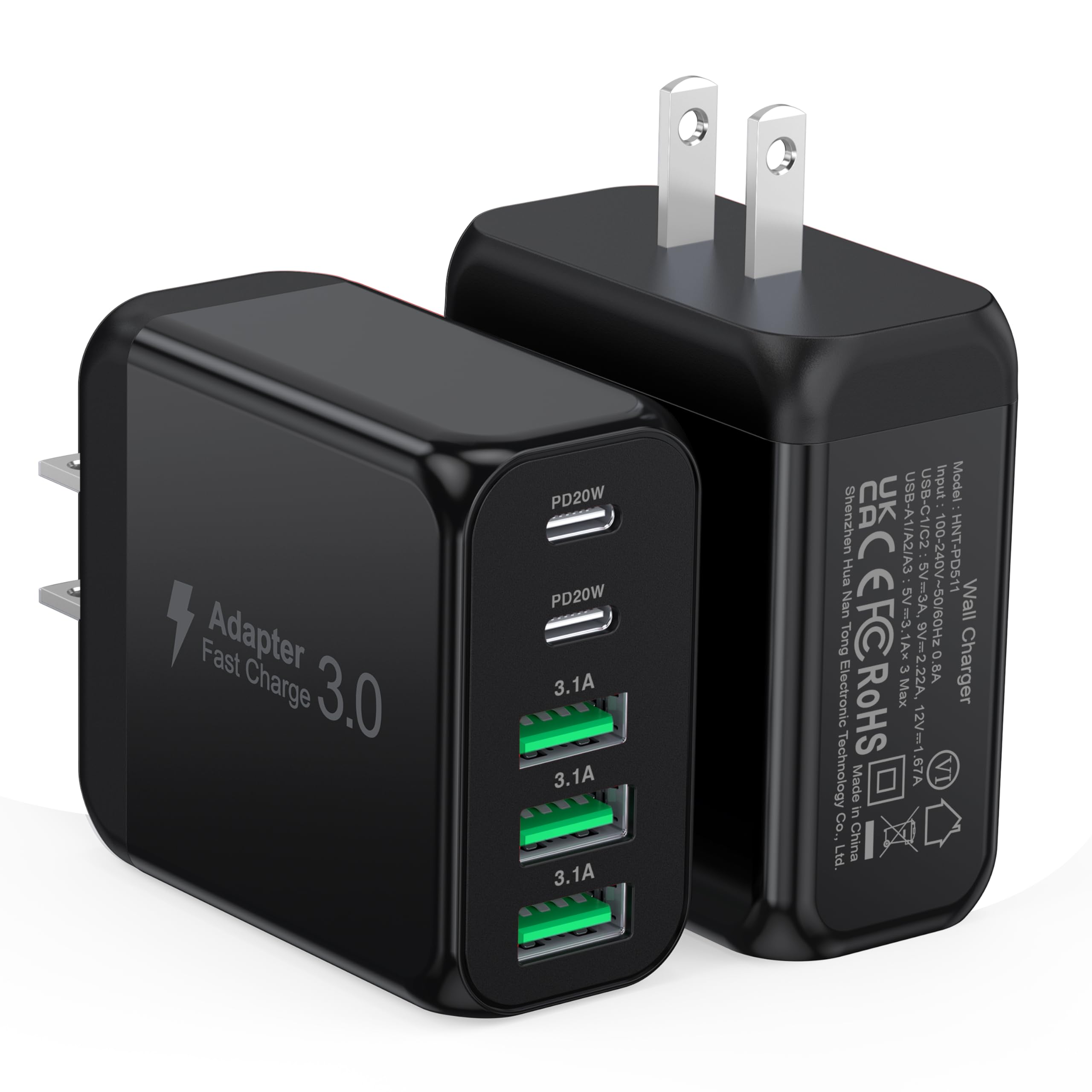 Photo 1 of [2-Pack]60W USB C Wall Charger Block, 5-Port C Charger Fast Charging Block PD Power Adapter +QC 3.0 Multiport Type C Box Brick Cube USB A Wall Plug for iPhone 14/15/16/17 Pro Max,Samsung Galaxy(Black)