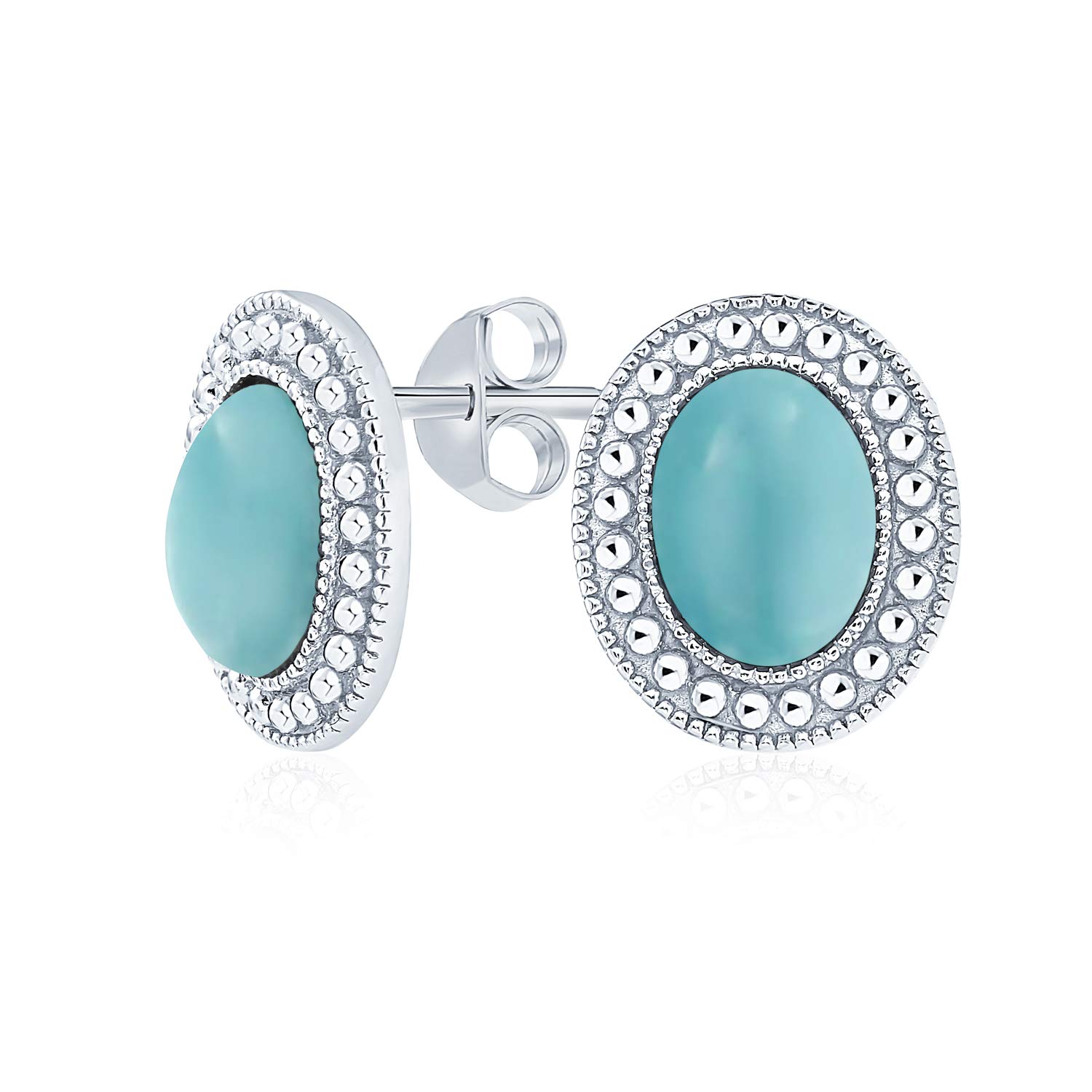 Classic Stabilized Blue Turquoise Semi Precious Gemstone Milgrain Bezel Halo Oval Stud Earrings For Women .925 Sterling Silver — image 1
