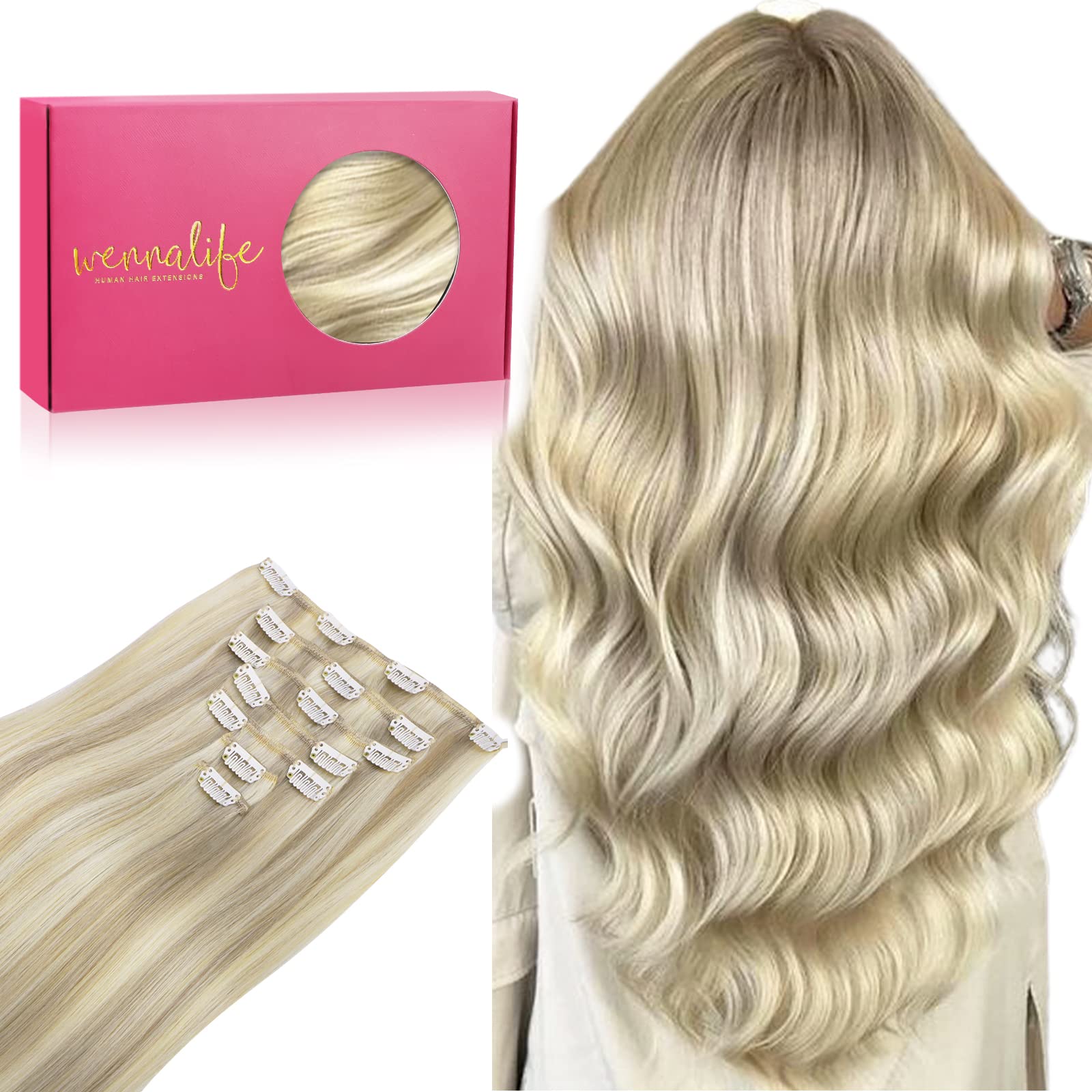 Wennalife Hair Extensions Clip In, 24 Inch 120g 7pcs Clip in Hair Extensions Real Human Hair Ash Blonde Highlighted Platinum Blonde Hair Extensions Clip In Real Hair Coloured Human Hair Extensions