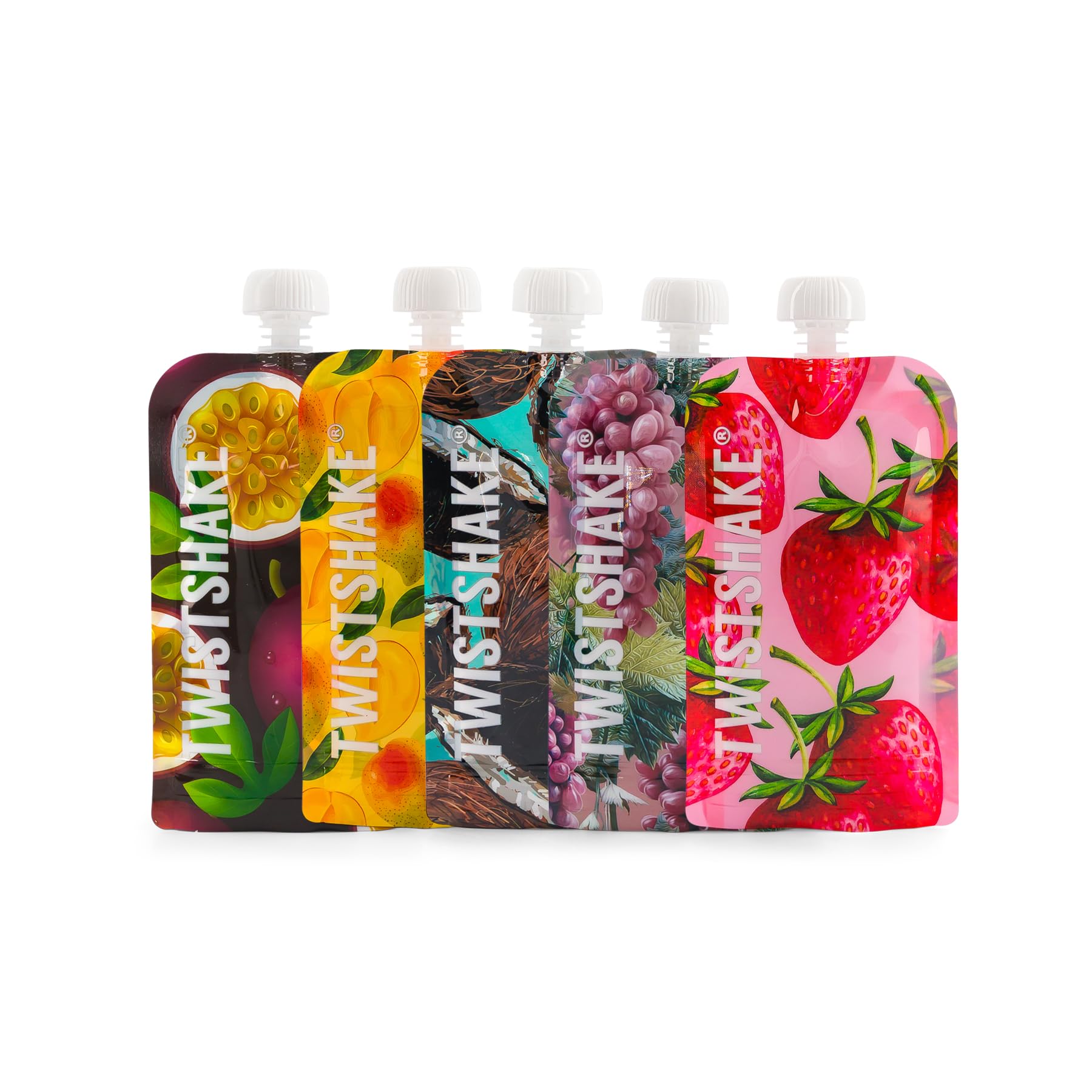Twistshake Baby Food Pouches 220ml – Pack of 5 | Reusable Double Zip for Weaning, Yoghurt & Purees | BPA-Free Washable Squeeze Bag | Freezer-Safe Storage | Fruit Design