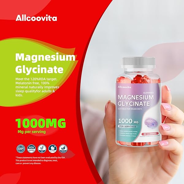 MAGNESIUM GLYCINATE GUMMIES 1000MG – SUGAR FREE MAGNESIUM POTASSIUM SUPPLEMENT WITH VITAMIN D, B6, COQ10 FOR CALM MOOD & SLEEP SUPPORT – 60 STRAWBERRY GUMMIES -1 PACK