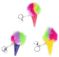 Plush Ice Cream Cone Keychain, Rainbow Fluffy Pom