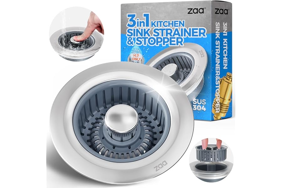 Sink Drain Strainer - Sink Stopper Kitchen Drain, 3 in 1 Kitchen Sink Drain Strainer with Anti-Clogging Basket, Kitchen Gadge