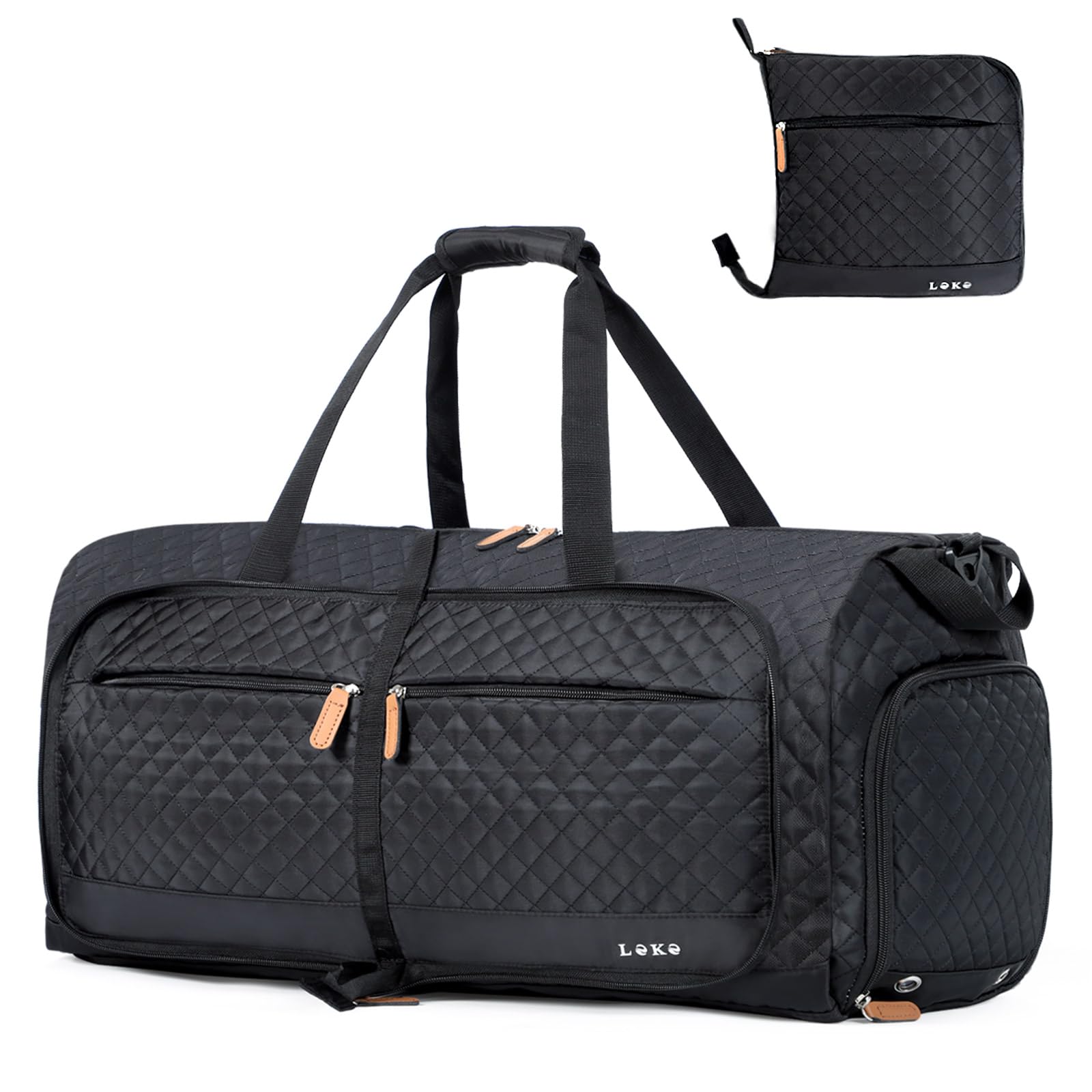 Photo 1 of Lekesky Foldable Travel Duffel Bag for Women, 80L Large Duffle Bag with Separate Shoes Compartments & Straps, Carry On Weekend Bag for Women, Hospital, Overnight(Black Quilted)