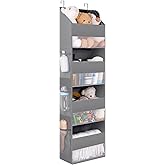 GRANNY SAYS Over The Door Organizer, 4-Shelf Behind The Door Storage with 6 Pockets, Waterproof 300D Oxford Fabric Hanging Organizer, Anti Tilt 35lb Load Hanging Shelf for Nursery, Bathroom, Grey