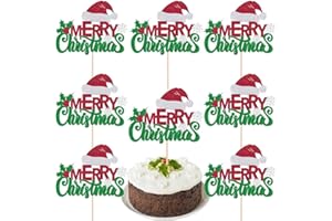 JATOMSSM 8Pcs Christmas Cake Toppers Set - Large Merry Christmas Cupcake Topper for Xmas Holiday Party Cake Decoration Cute Santa Hat Snowflake Design Glitter Cake Pick Topper Birthday Cake Supplies
