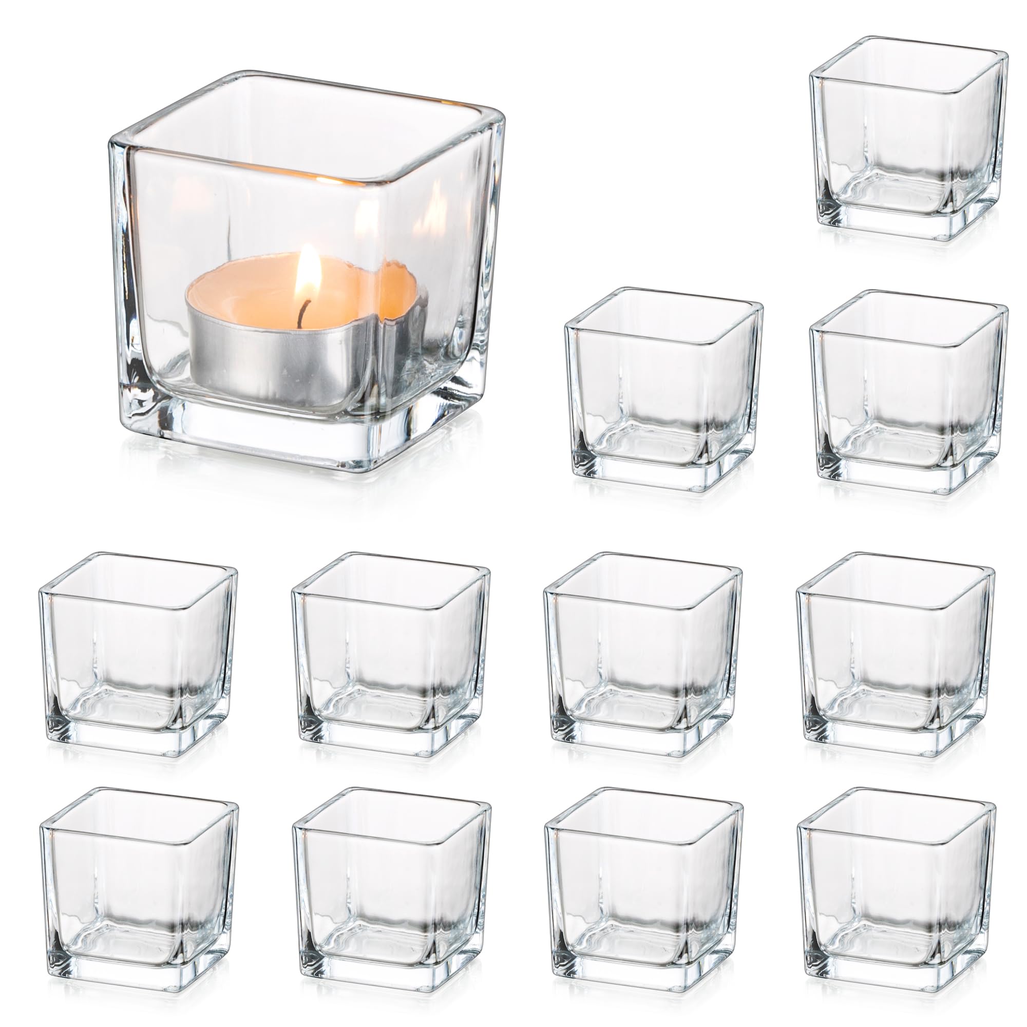 Glasseam Clear Glass Tea Light Candle Holders Set of 12, Square Small Candle Holder Bulk, Christmas Tea Light Holders for Living Room Table, Modern Tealight Candle Holders for Wedding Centrepieces