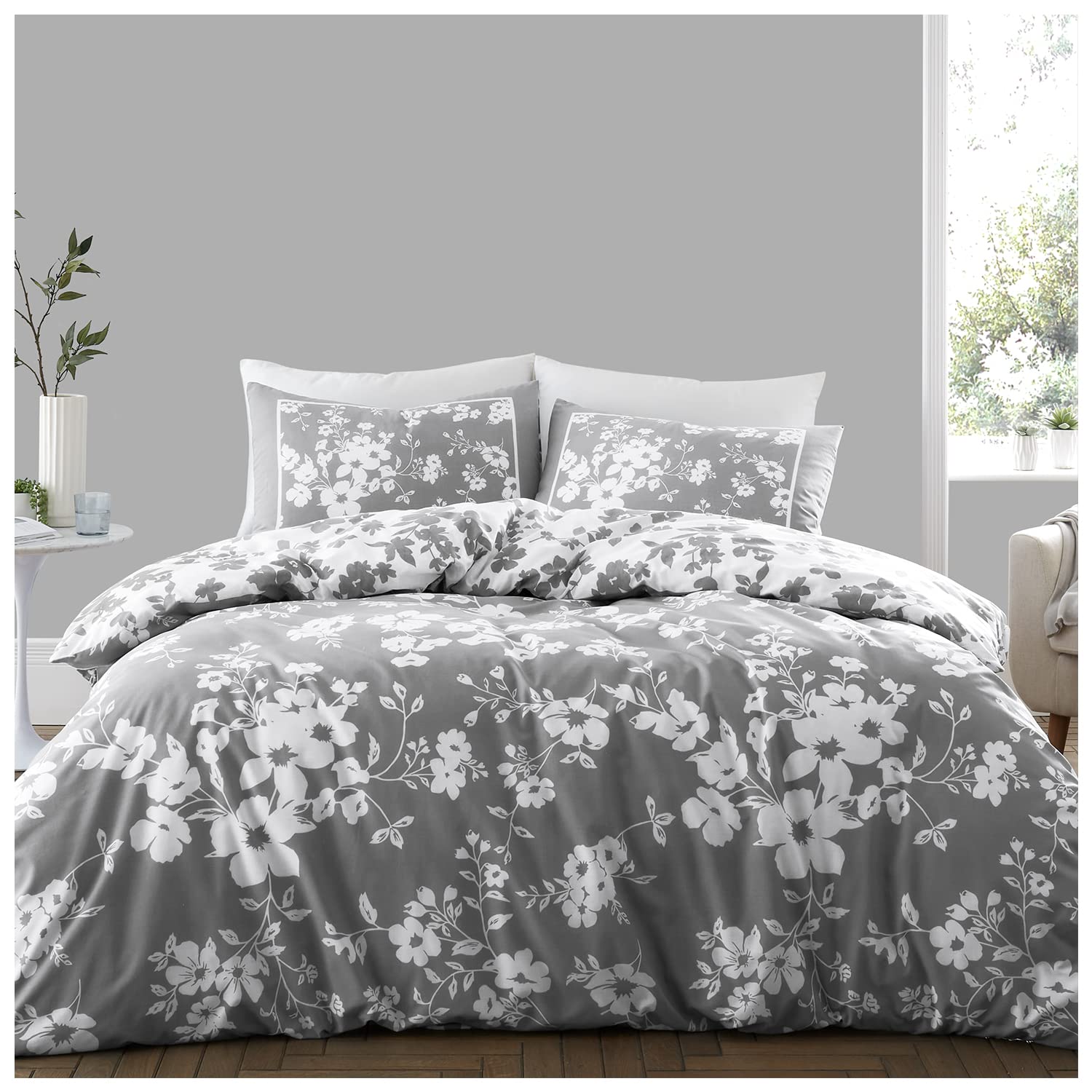 GC GAVENO CAVAILIA Floral Duvet Cover Double, Poly Cotton Printed Bedding Sets, 3 Piece Breathable Comforter Covers, Grey