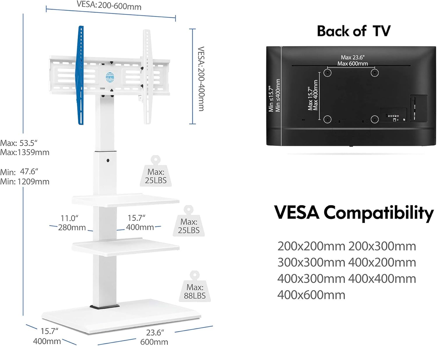 FITUEYES Swivel Floor TV Stand Base for TVs Up to 65” TVs White Corner TV Stand with Height Adjustable Entertainment Shelves – Perfect for Media Storage, FT-S3602MW: Electronics